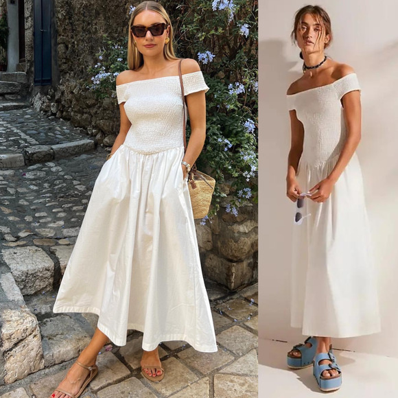 Free People Dresses & Skirts - NEW Free People Ceci Smocked Bodice Midi Dress White Navy XS Academia Preppy